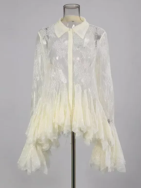 Blouse For Women Apricot Lace Ruffles Turndown Collar Elegant Long Sleeves Tops