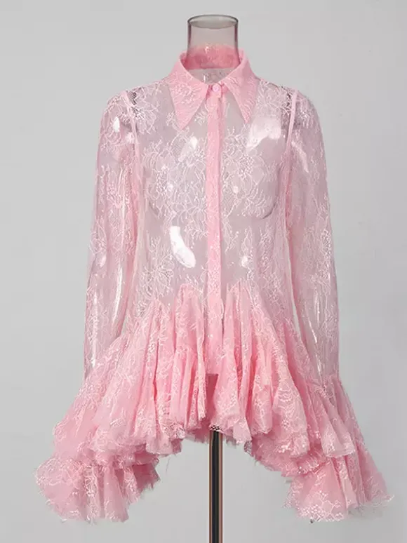 Blouse For Women Apricot Lace Ruffles Turndown Collar Elegant Long Sleeves Tops
