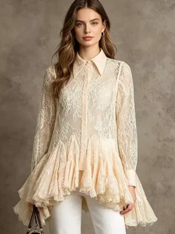 Blouse For Women Apricot Lace Ruffles Turndown Collar Elegant Long Sleeves Tops