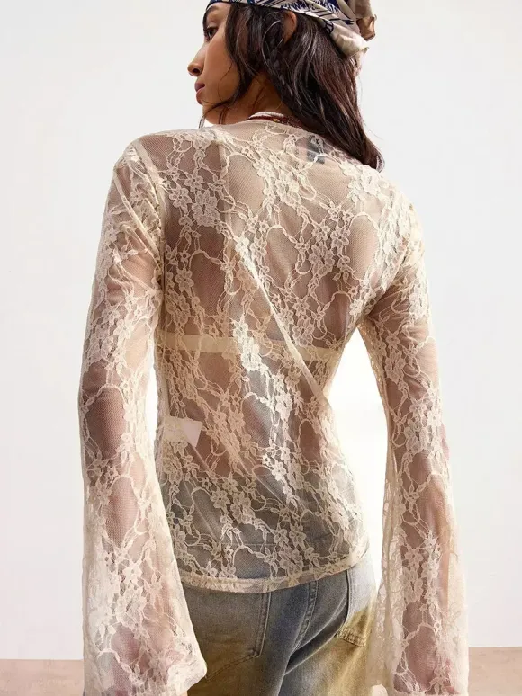Blouse For Women Apricot Lycra Spandex V-Neck Casual Buttons Lace Long Sleeves Tops