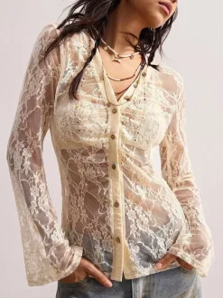 Blouse For Women Apricot Lycra Spandex V-Neck Casual Buttons Lace Long Sleeves Tops