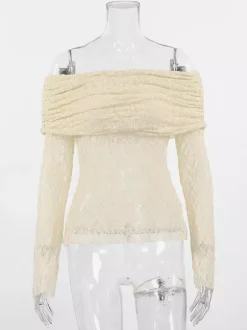 Blouse For Women Apricot Pleated Ruched Lace Off-The-Shoulder Elegant Long Sleeves Tops