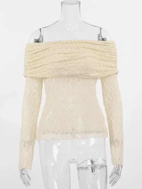 Blouse For Women Apricot Pleated Ruched Lace Off-The-Shoulder Elegant Long Sleeves Tops