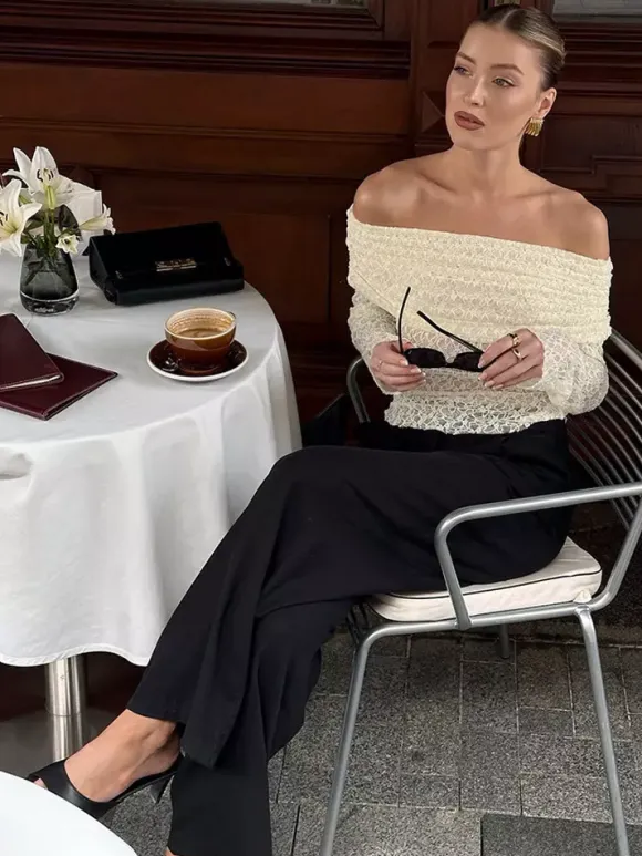 Blouse For Women Apricot Pleated Ruched Lace Off-The-Shoulder Elegant Long Sleeves Tops