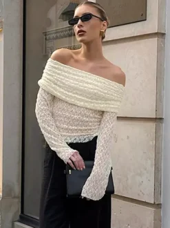 Blouse For Women Apricot Pleated Ruched Lace Off-The-Shoulder Elegant Long Sleeves Tops