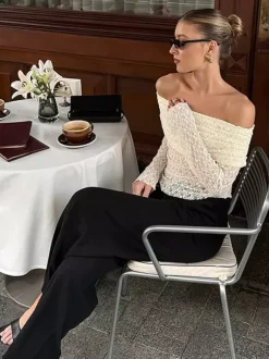 Blouse For Women Apricot Pleated Ruched Lace Off-The-Shoulder Elegant Long Sleeves Tops