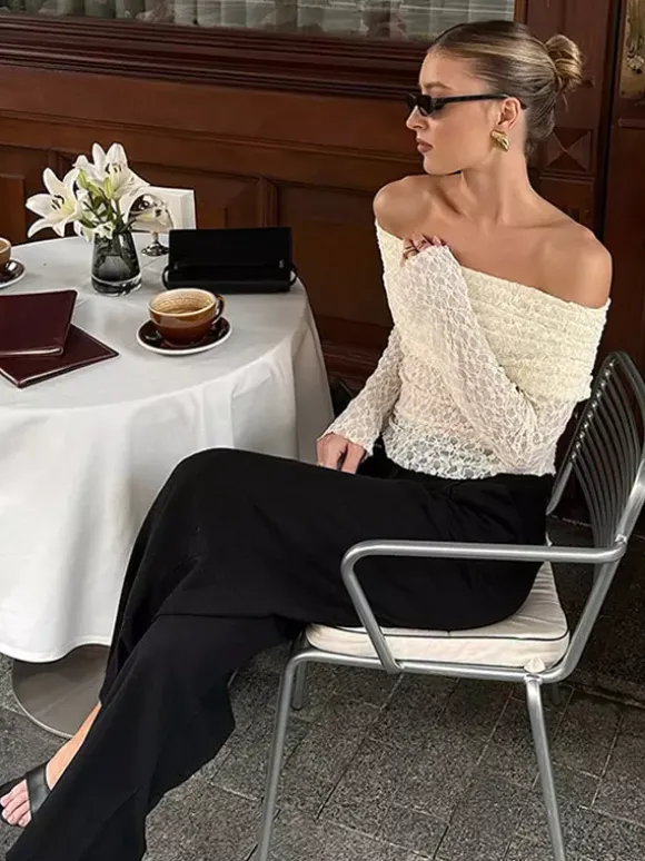Blouse For Women Apricot Pleated Ruched Lace Off-The-Shoulder Elegant Long Sleeves Tops
