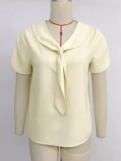 Blouse For Women Apricot V-Neck Casual Short Sleeves Summer Tops