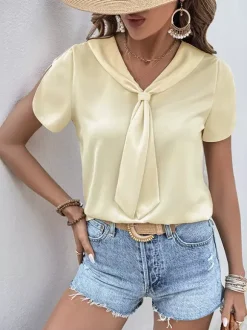 Blouse For Women Apricot V-Neck Casual Short Sleeves Summer Tops