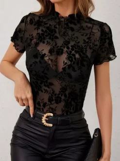 Blouse For Women Black Stand Collar Casual Short Sleeves Tops