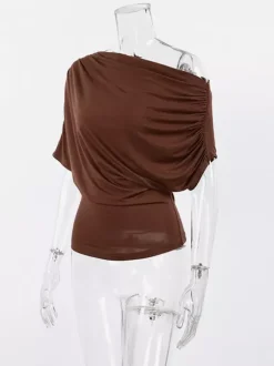 Blouse For Women Brown Cotton Off-The-Shoulder Casual Ruched Short Sleeves Tops
