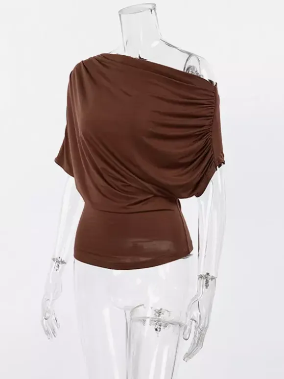 Blouse For Women Brown Cotton Off-The-Shoulder Casual Ruched Short Sleeves Tops