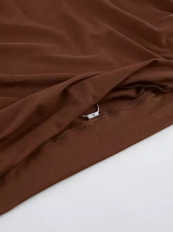 Blouse For Women Brown Cotton Off-The-Shoulder Casual Ruched Short Sleeves Tops