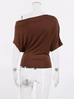 Blouse For Women Brown Cotton Off-The-Shoulder Casual Ruched Short Sleeves Tops