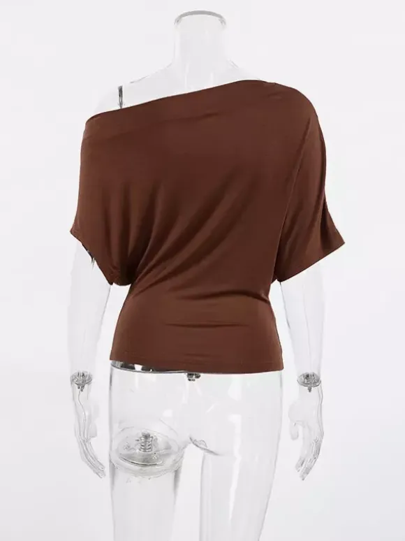 Blouse For Women Brown Cotton Off-The-Shoulder Casual Ruched Short Sleeves Tops
