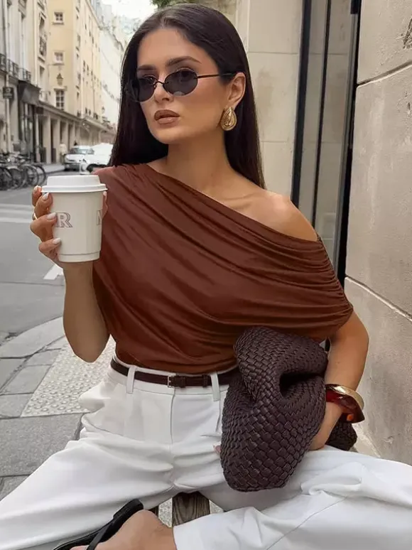 Blouse For Women Brown Cotton Off-The-Shoulder Casual Ruched Short Sleeves Tops