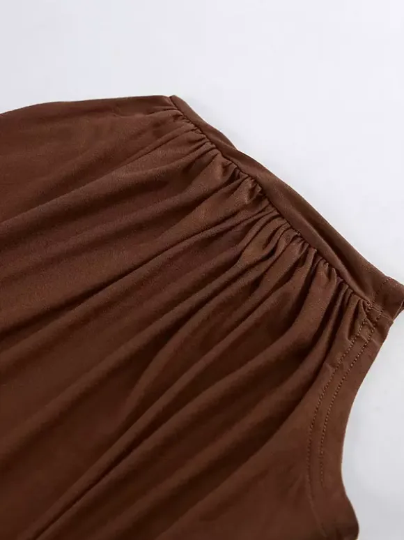 Blouse For Women Brown Cotton Off-The-Shoulder Casual Ruched Short Sleeves Tops