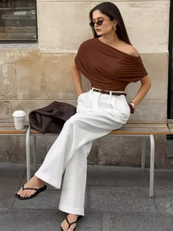 Blouse For Women Brown Cotton Off-The-Shoulder Casual Ruched Short Sleeves Tops