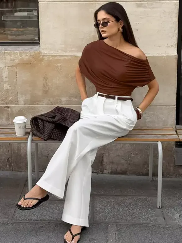 Blouse For Women Brown Cotton Off-The-Shoulder Casual Ruched Short Sleeves Tops