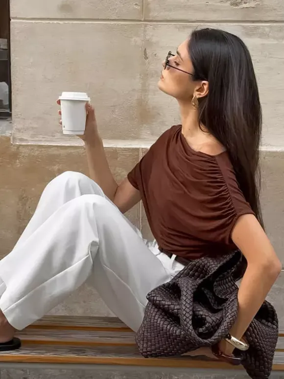 Blouse For Women Brown Cotton Off-The-Shoulder Casual Ruched Short Sleeves Tops