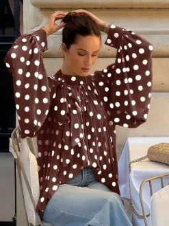 Blouse For Women Coffee Brown Polka Dot Pleated Lace Up Halter Chic Long Sleeves Tops