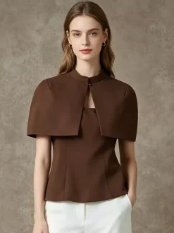 Blouse For Women Coffee Brown Buttons Strapless Elegant Sleeveless Tops