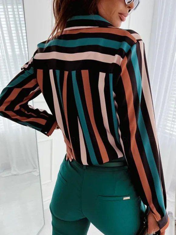 Blouse For Women Dark Green V-Neck Casual Color Block Long Sleeves Tops