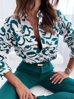 Blouse For Women Dark Green V-Neck Casual Color Block Long Sleeves Tops