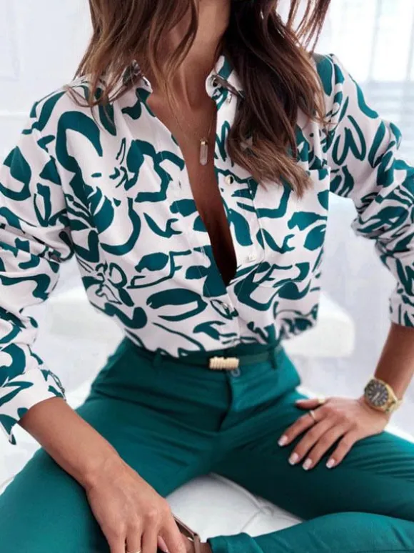 Blouse For Women Dark Green V-Neck Casual Color Block Long Sleeves Tops