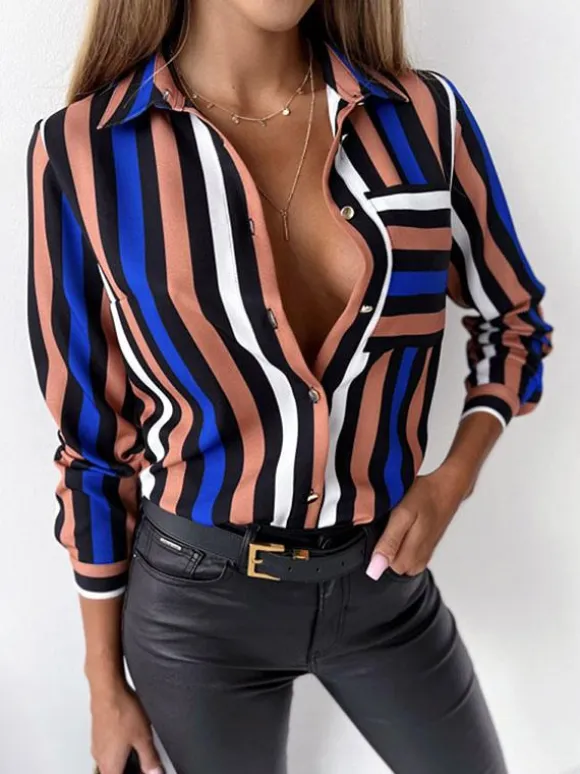 Blouse For Women Dark Green V-Neck Casual Color Block Long Sleeves Tops