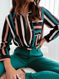 Blouse For Women Dark Green V-Neck Casual Color Block Long Sleeves Tops