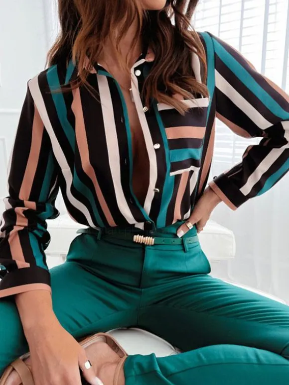 Blouse For Women Dark Green V-Neck Casual Color Block Long Sleeves Tops
