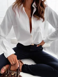 Blouse For Women Dark Green V-Neck Casual Color Block Long Sleeves Tops
