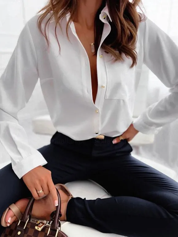 Blouse For Women Dark Green V-Neck Casual Color Block Long Sleeves Tops