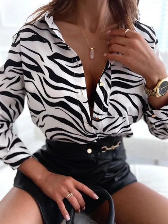 Blouse For Women Dark Green V-Neck Casual Color Block Long Sleeves Tops