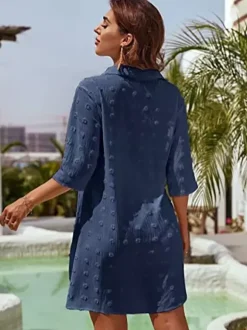 Blouse For Women Deep Blue Turndown Collar Casual Half Sleeves Chiffon Tops