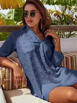 Blouse For Women Deep Blue Turndown Collar Casual Half Sleeves Chiffon Tops