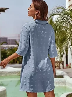 Blouse For Women Deep Blue Turndown Collar Casual Half Sleeves Chiffon Tops