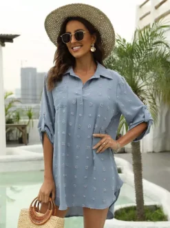 Blouse For Women Deep Blue Turndown Collar Casual Half Sleeves Chiffon Tops