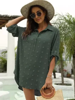 Blouse For Women Deep Blue Turndown Collar Casual Half Sleeves Chiffon Tops