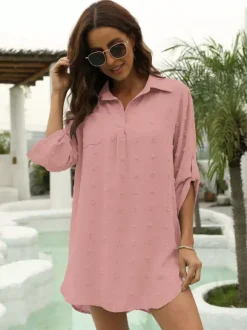 Blouse For Women Deep Blue Turndown Collar Casual Half Sleeves Chiffon Tops