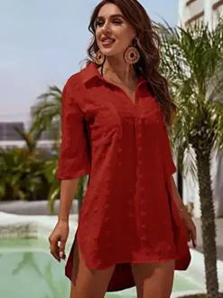 Blouse For Women Deep Blue Turndown Collar Casual Half Sleeves Chiffon Tops