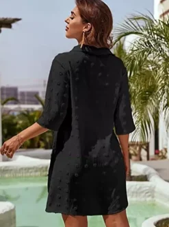 Blouse For Women Deep Blue Turndown Collar Casual Half Sleeves Chiffon Tops