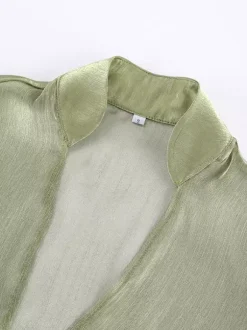 Blouse For Women Green Cropped V-Neck Elegant Long Sleeves Tops