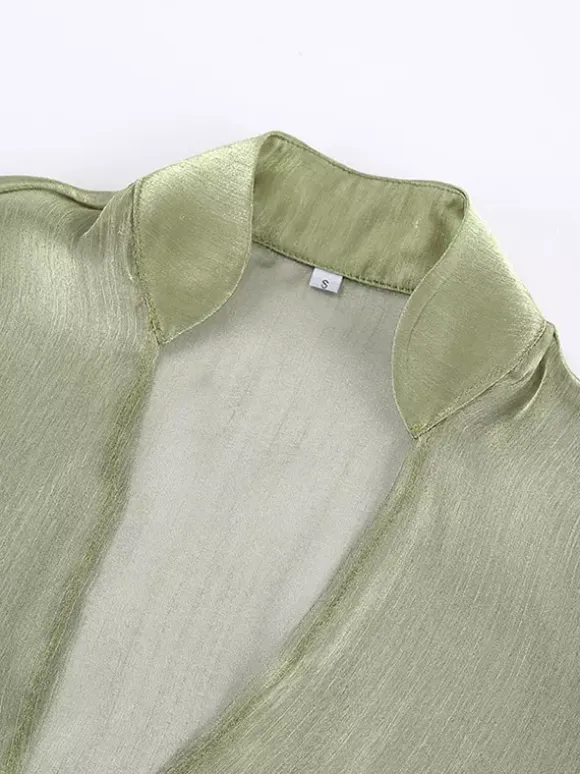 Blouse For Women Green Cropped V-Neck Elegant Long Sleeves Tops