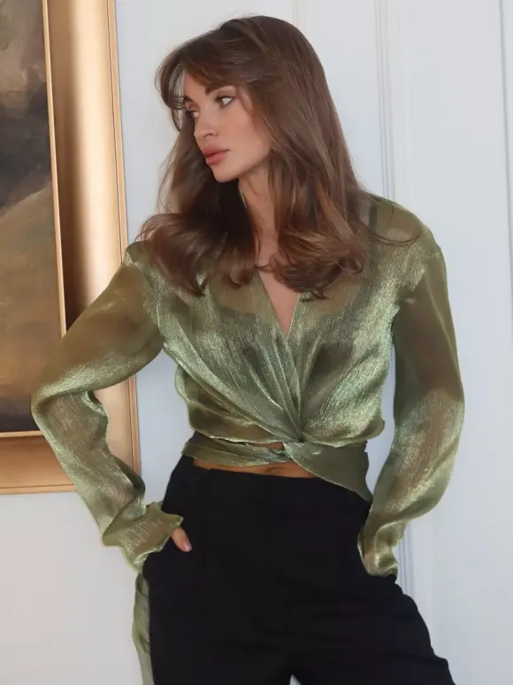 Blouse For Women Green Cropped V-Neck Elegant Long Sleeves Tops