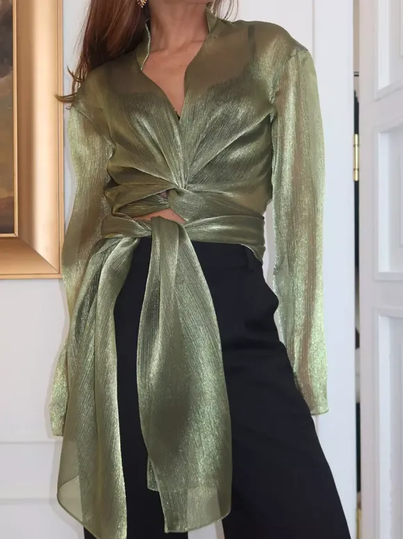 Blouse For Women Green Cropped V-Neck Elegant Long Sleeves Tops