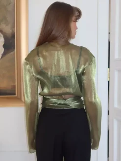 Blouse For Women Green Cropped V-Neck Elegant Long Sleeves Tops