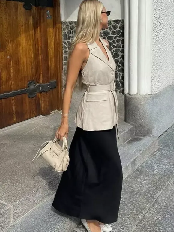Blouse For Women Khaki Cotton Linen Halter Backless Casual Lace Up Sash Sleeveless Tops