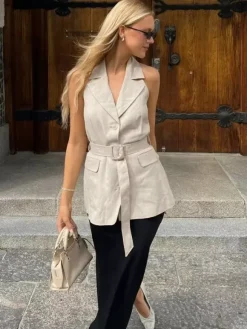 Blouse For Women Khaki Cotton Linen Halter Backless Casual Lace Up Sash Sleeveless Tops
